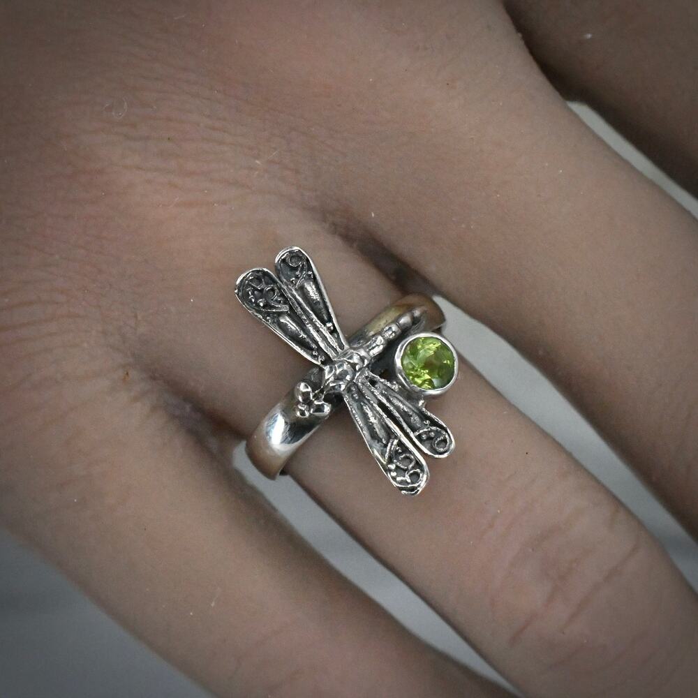 Samuel B 925 Sterling Silver Peridot Dragonfly Bypass Ring Size 6